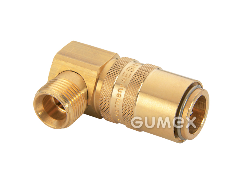 Plastikářská rychlospojka ESH, DN9, s úhlovým 90° vnějším závitem G 3/8", s ventilem, 15bar, těsnění viton potažený PTFE, -20°C/+200°C, mosaz